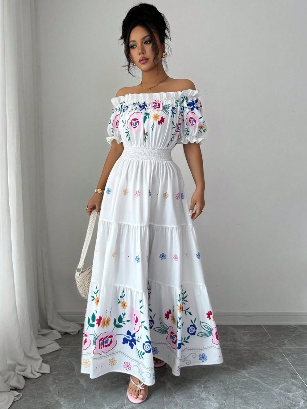 Multicolor Boho Women's off-Shoulder Puff Sleeve Floral Print Maxi Dress - Picture 5 of 7